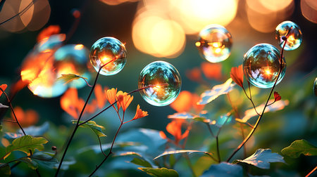 Transparent soap bubbles on plants and flowers, illuminated by the rays of the evening sun. Magic light, bokeh. Generative AI technology.の素材