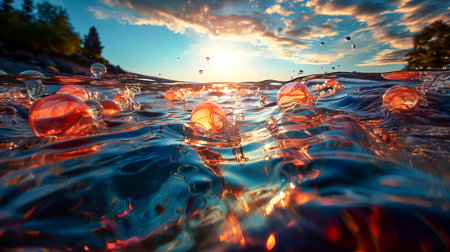 Transparent soap bubbles on the clear blue water of the sea or other body of water, illuminated by the rays of the evening sun. Generative AI technology.の素材