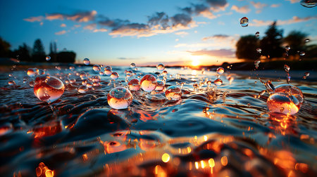 Transparent soap bubbles on the clear blue water of the sea or other body of water, illuminated by the rays of the evening sun. Generative AI technology.の素材