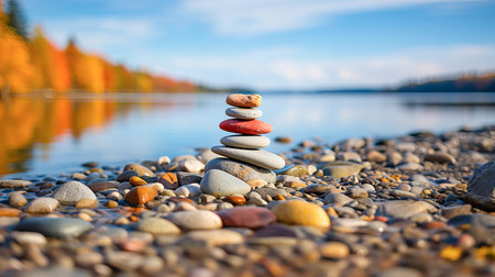 Yoga, meditation. The bank of a river or lake. A pyramid of several flat river stones lying on top of each other. Generative AI technology.の素材