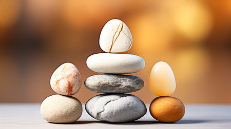 Meditation, relaxation. A pyramid of several flat river stones lying on top of each other. Generative AI technology.の素材