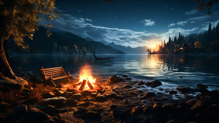 Black background. A small bonfire on the shore of a mountain lake or river. night scene. Generative AI technology.の素材