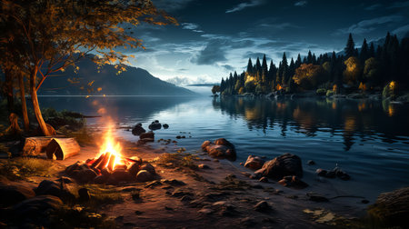 Camping on the shore of a lake at night in the mountainsの素材