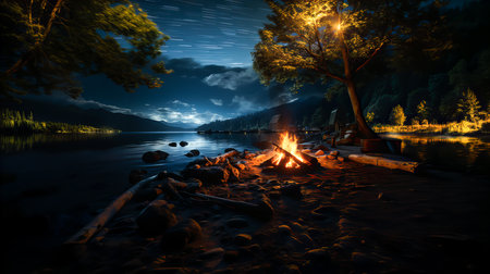 Black background. A small bonfire on the shore of a mountain lake or river. night scene. Generative AI technology.の素材