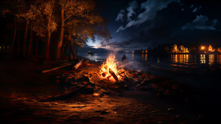 Black background. A small bonfire on the shore of a mountain lake or river. night scene. Generative AI technology.の素材