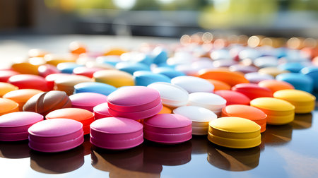 Colorful pills on a table. Focus on foreground, shallow depth of field.の素材