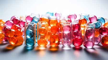 Colorful pills in test tubes on white background. Focus on foreground.の素材