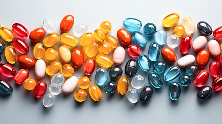 Colorful pills on gray background, top view. Health care conceptの素材