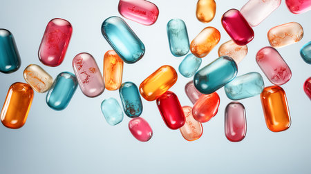 Colorful pills falling on gray background. 3D Rendering.の素材