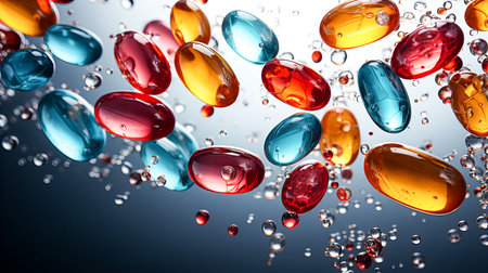 Capsules of vitamins and minerals in water. 3d renderingの素材