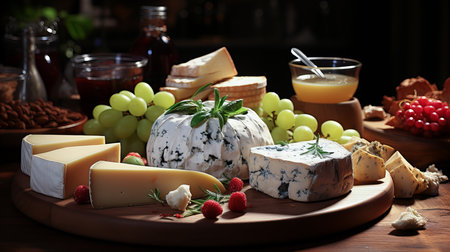 Cheese platter with grapes, nuts and honey on wooden tableの素材