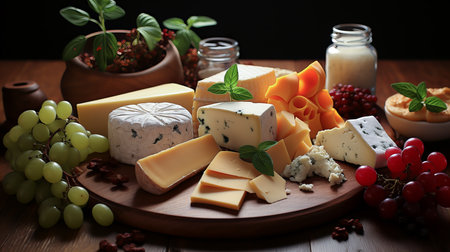 Cheese platter with different types of cheese, grapes and nutsの素材