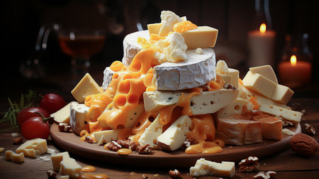 Cheese platter with different kinds of cheese and nuts on wooden tableの素材