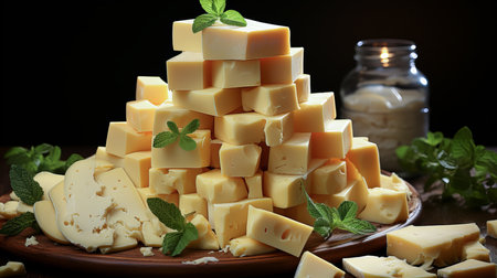 Cheese collection, pieces of matured cheddar cheese with mint on a plateの素材