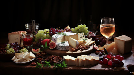 Cheese platter with grapes, nuts and wine on wooden tableの素材