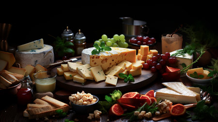 Cheese platter with assorted cheeses, grapes and nuts on a wooden backgroundの素材