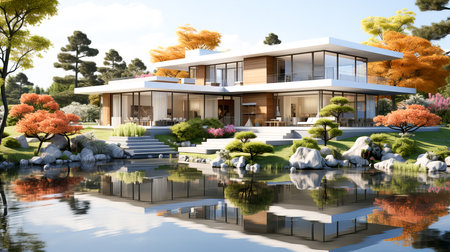 3d rendering of modern cozy house with pool and parking for sale or rent with beautiful landscaping on background. Clear sunny summer day with blue sky.の素材
