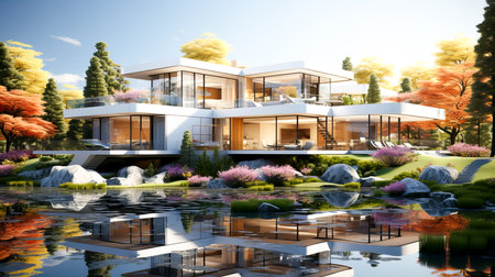 3d rendering of modern cozy house with pool and parking for sale or rent in luxurious style and beautiful landscaping on background. Clear sunny autumn day with blue sky.の素材