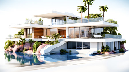 3d rendering of modern cozy house with pool and parking for sale or rent in luxurious style.の素材