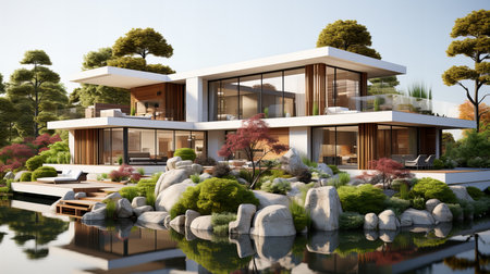 3d rendering of modern cozy house with pool and parking for sale or rent in luxurious style.の素材