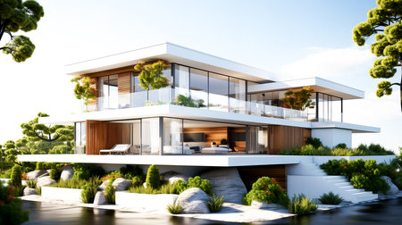 3d rendering of modern cozy house with pool and parking for sale or rent in luxurious style.の素材