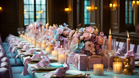 Wedding table setting with flowers and candles in a restaurant.の素材