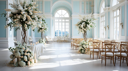 Wedding hall decorated with white flowers and green leaves. 3d renderingの素材
