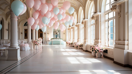 Wedding hall with pink and blue balloons rated with flowersの素材