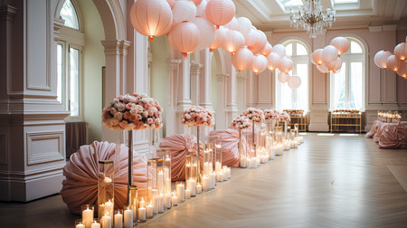 Wedding hall decorated with pink and white balloons and candles.の素材