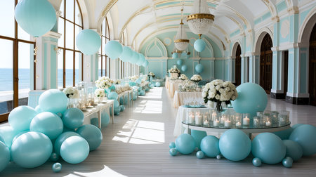 Wedding reception hall decorated with blue and turquoise balloonsの素材