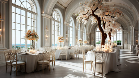 Wedding banquet hall decorated with cherry blossoms. 3d renderingの素材