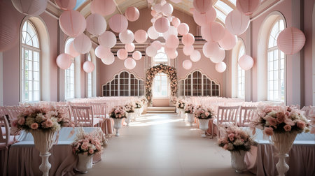 Wedding hall decorated with pink balloons. 3D rendering.の素材