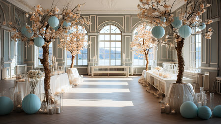 Wedding hall decorated with blue balloons. 3D rendering.の素材