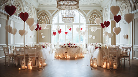 3D rendering of a hall decorated for Valentine's Day, Wedding or Christmas with red hearts and candles. Generative AI technology.の素材