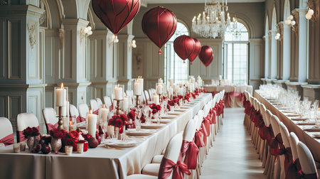 Wedding tables with red chairs and candles in a restaurant.の素材