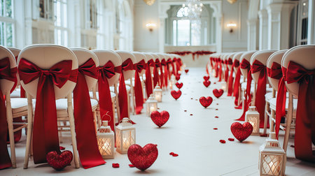 Wedding chairs decorated with red ribbons and heart shaped candlesの素材