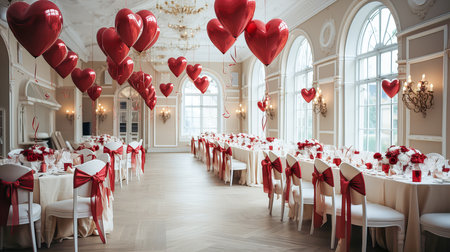 Wedding Banquet Hall Decorated with Red Heart Shaped Balloonsの素材