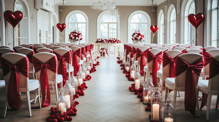 Wedding hall decorated with red heart-shaped candles and chairsの素材