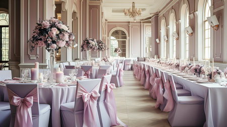 Wedding reception area with tables and chairs rated with pink ribbonsの素材