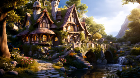 Beautiful fantasy garden with a pond and a wooden house in the sunlightの素材
