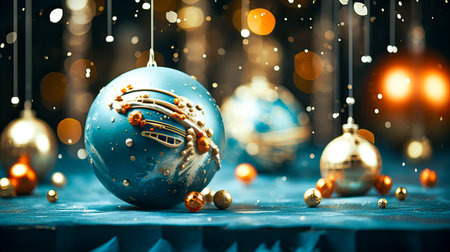 Christmas and New Year background with blue baubles and golden lightsの素材