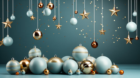 3D rendering Christmas background with blue and golden baubles.の素材