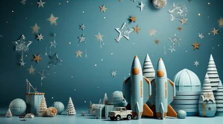 Christmas and New Year background with space rocket. 3D Renderingの素材