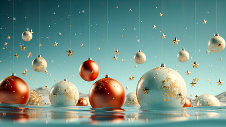 3D rendering Christmas balls on a blue background with snowflakesの素材