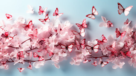 Spring cherry blossoms and butterfly. Floral background. 3d renderingの素材