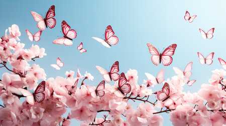 Red butterflies flying in the water on a white background. 3d renderingの素材