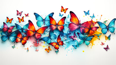 Colorful butterfly background with watercolor splashes and place for your textの素材