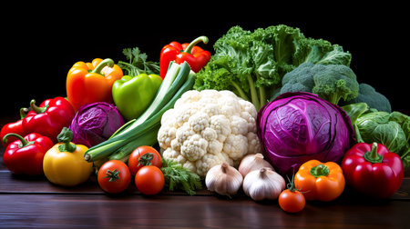 Composition with variety of raw organic vegetables on wooden table. balanced dietの素材