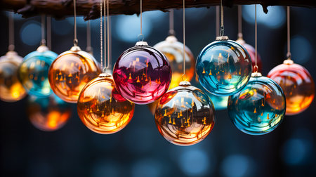 Colorful christmas ornaments hanging on a tree branch.の素材