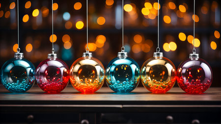 Colorful christmas baubles on wooden table in front of blurred lightsの素材